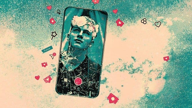 Modern representation of the picture of Dorian Grey, image shown on mobile phone