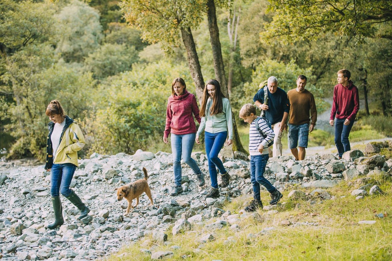 A family walk to the lake shore