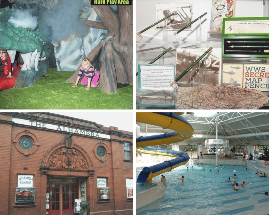Compilation image including Keswick leisure pool, Alhambra cinema, Keswick museum and Kong indoor play area
