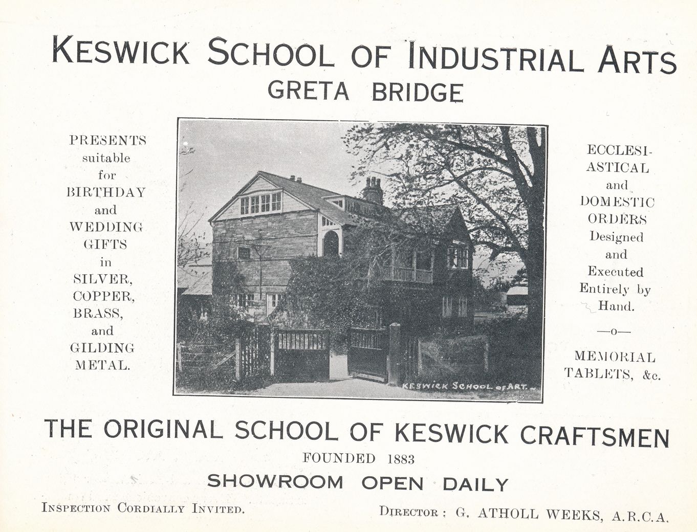 Old advert for the school of industrial arts taken from an old keswick guide