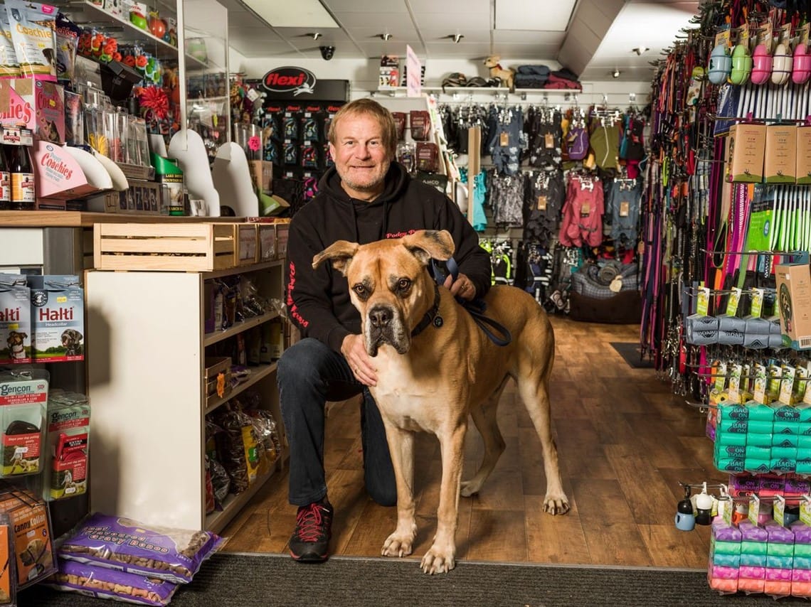 Pete Harper (Owner) & Buddy the dog in Podgy Paws pet shop