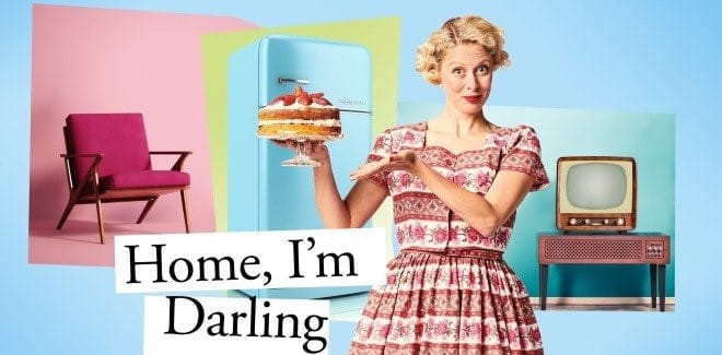 Woman in 1950's outfit holding a cake, promo poster for Home I'm Darling