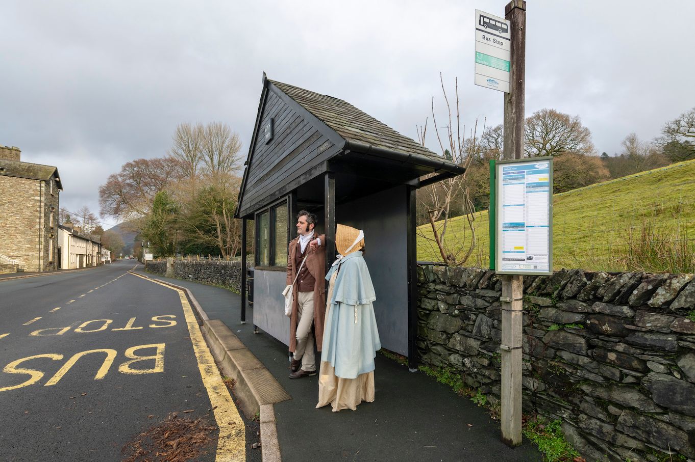 Dorothy and William at the bus stop outside Wordsworth Grasmere