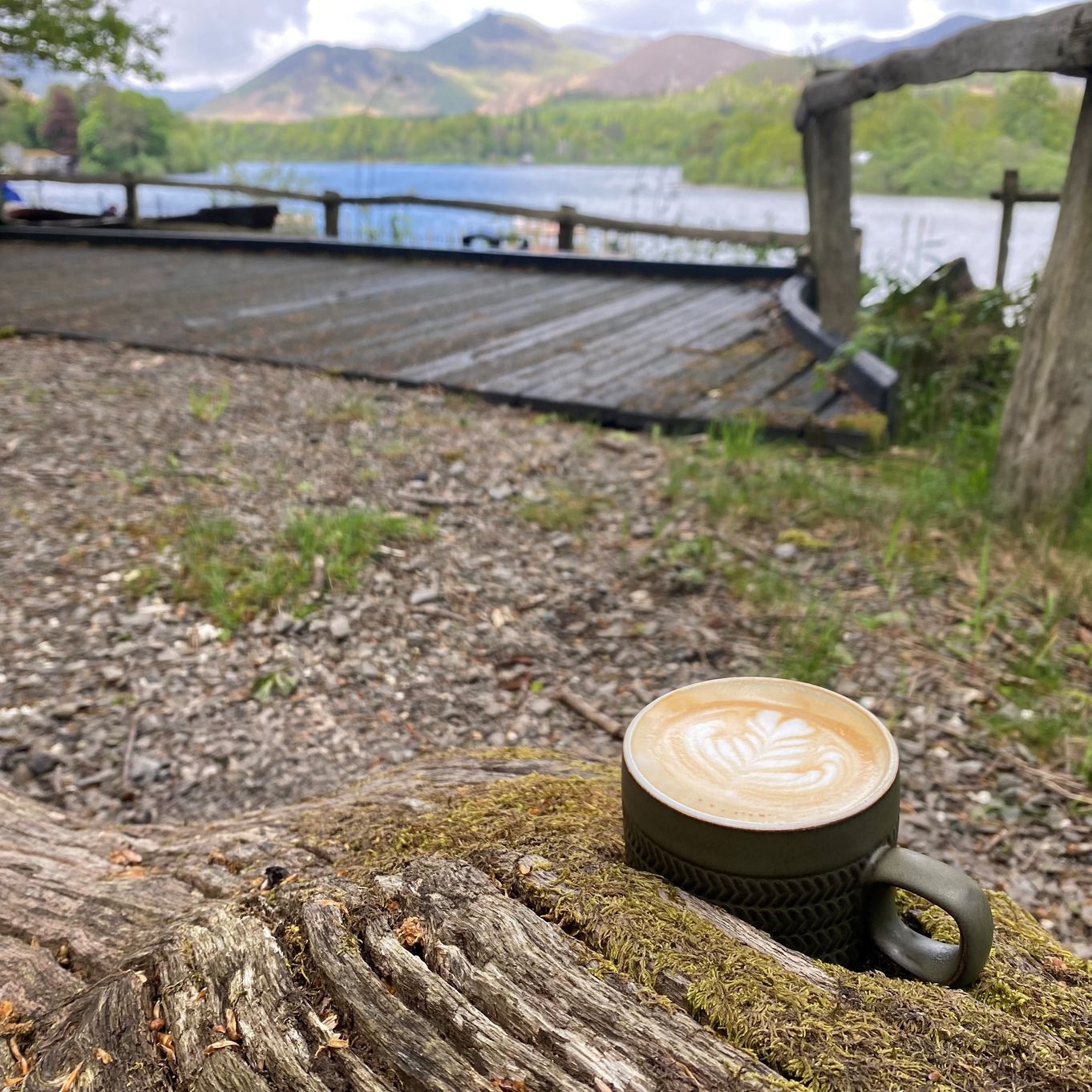 Cup of coffee with view over Derwentwater in the background