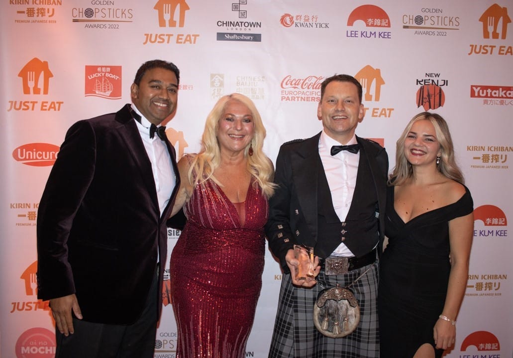 Photo: {from left to right} Dharmesh Rana from Kirin Ichiban; TV Personality Vanessa Feltz; Marcell Cilliers, General Manager of the Lodore Falls Hotel & Spa; Flori Musca, Mizu Restaurant Manager.