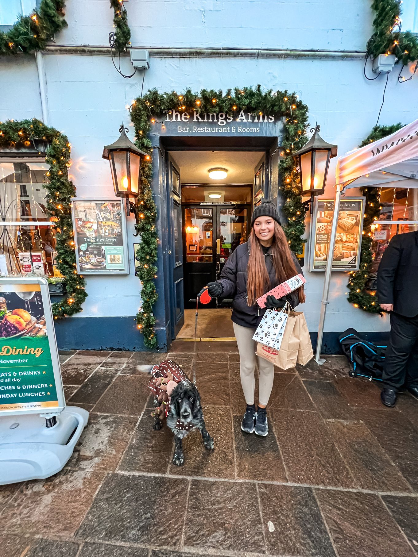 Best Dressed Festive Dog, Murphy and his owner outside the Kings Arms after the walk