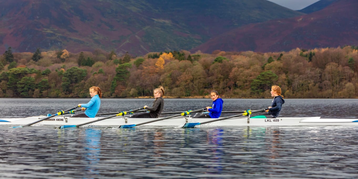 A Lakeland RC girl’s crew of Ella Horne (at stroke), Olena Rawlinson, Anna Campion and Betsy Lucas take part in the trial