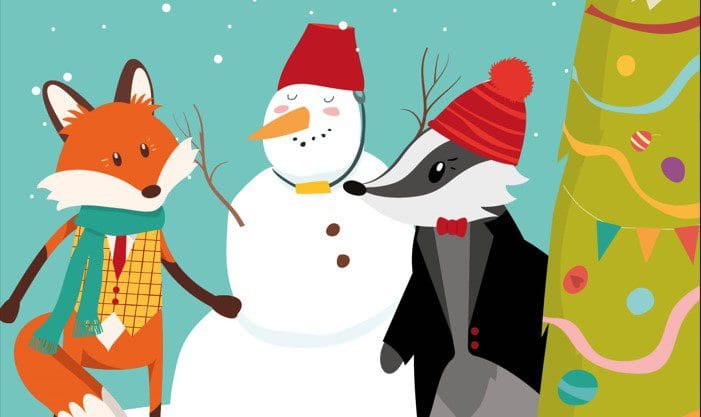 snowman, fox and badger christmas scene