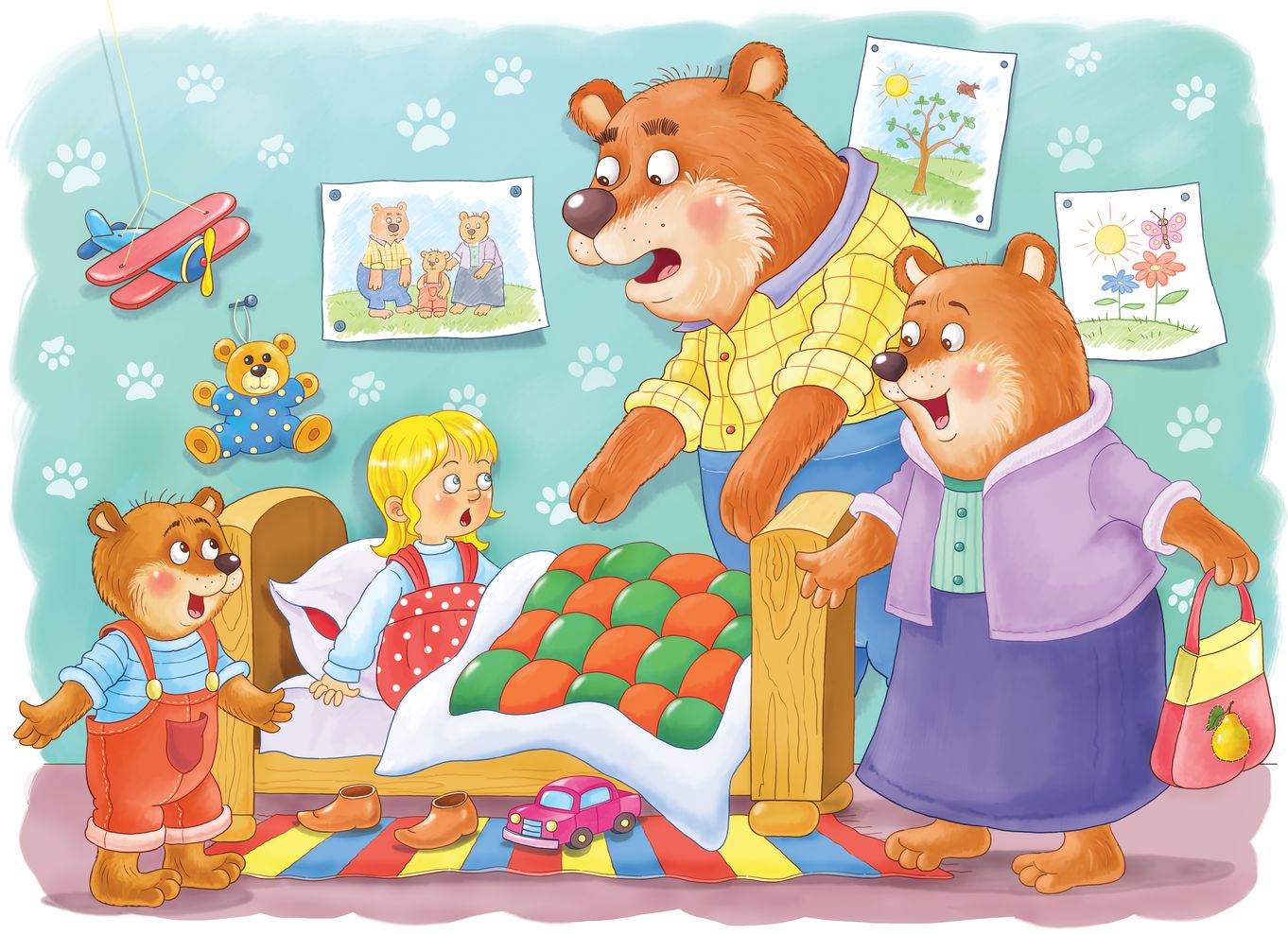 Cartoon image of the 3 bears finding goldilocks in bed