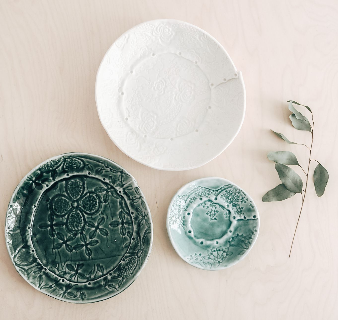 A textured Porcelain Plate ~ with Cath Ball of 'Stitched Ceramics'